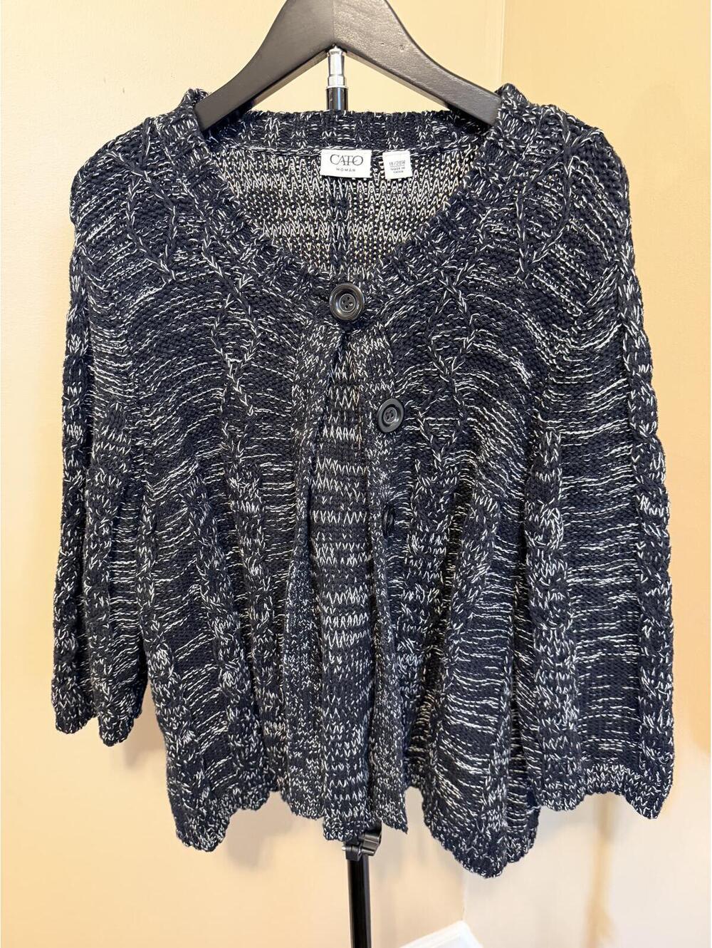 Cato Marled Cable Knit Cardigan Plus Size 18/20 Black White Chunky Sweater